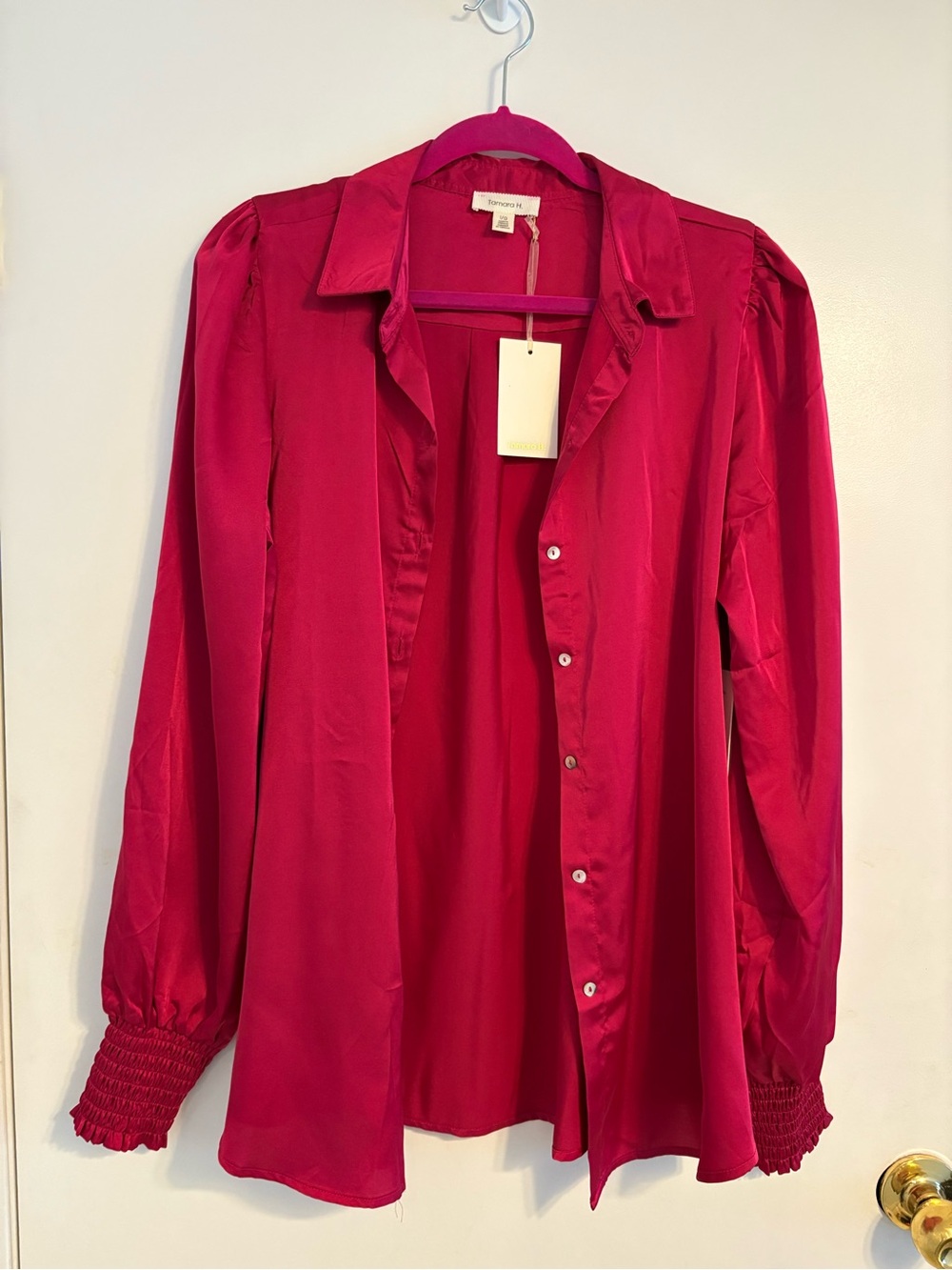 Women’s Magenta Button-Down Shirt with Smocked Cuffs